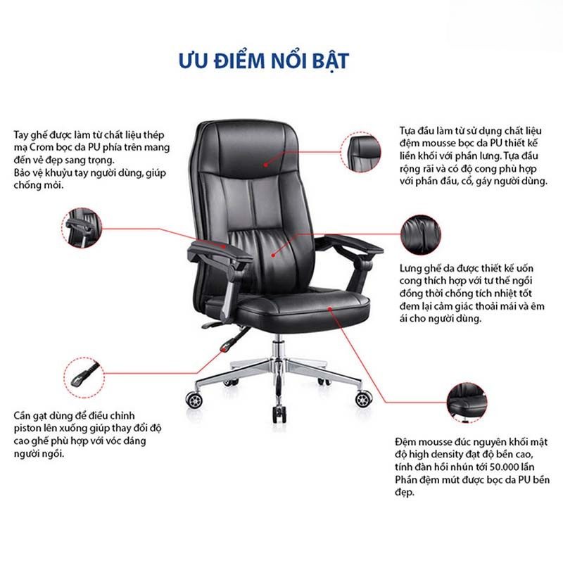 Ghế giám đốc xoay cao cấp LO37132 Thiết kế lưng ghế rộng rãi, ôm lưng người ngồi