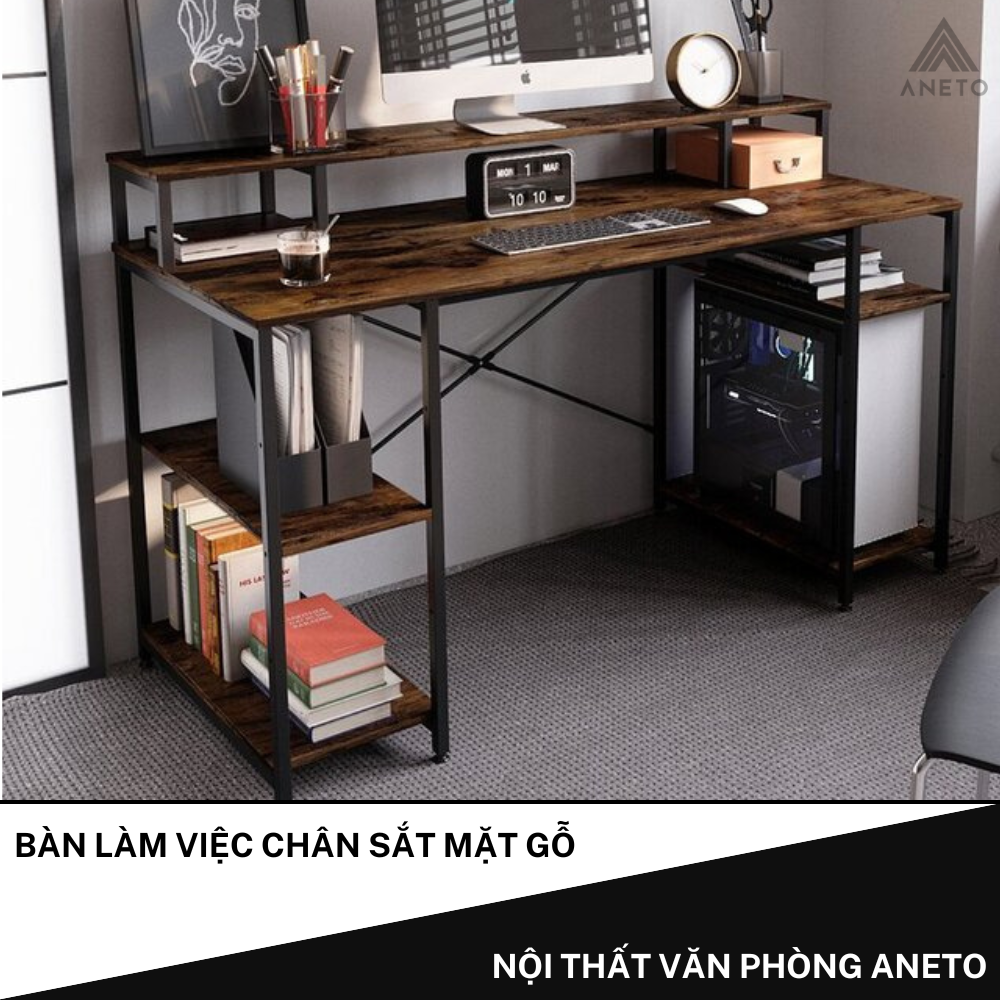 Bàn làm việc chân sắt mặt gỗ